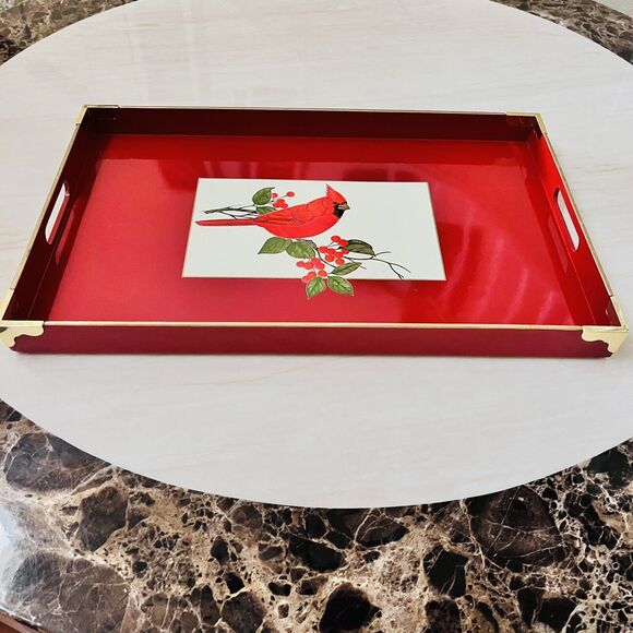Vintage Otagiri Lacquerware Red Cardinal Berries Christmas Tray  w/Handles Japan - Picture 1 of 11
